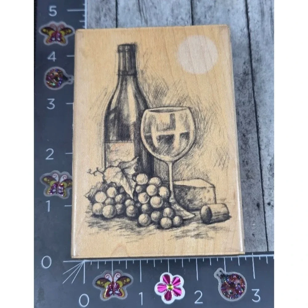 Inkadinkado Wine Glass Grapes Cheese Scene Rubber Stamp Wood #K55
